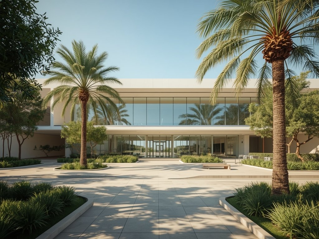 Moderne gezondheidszorgfaciliteit in Spanje met strakke architectuur, grote glazen ramen en omringende tuinen met palmbomen in een warme mediterrane sfeer.